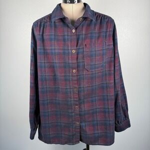 CJ Banks Women's 1X Plaid Burgundy‎ Corduroy Button Up Long Sleeve Shirt
